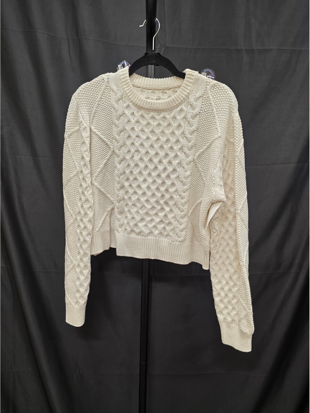 WOMEN’S CREAM CABLE KNIT CHUNKY CROPPED SWEATER COTTON BLEND SIZE M